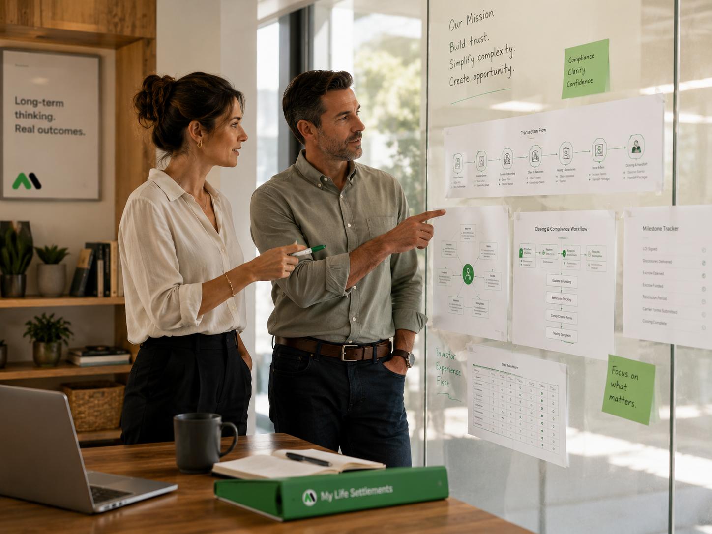 Two MyLifeSettlements founders reviewing transaction diagrams at the company's early whiteboarding session