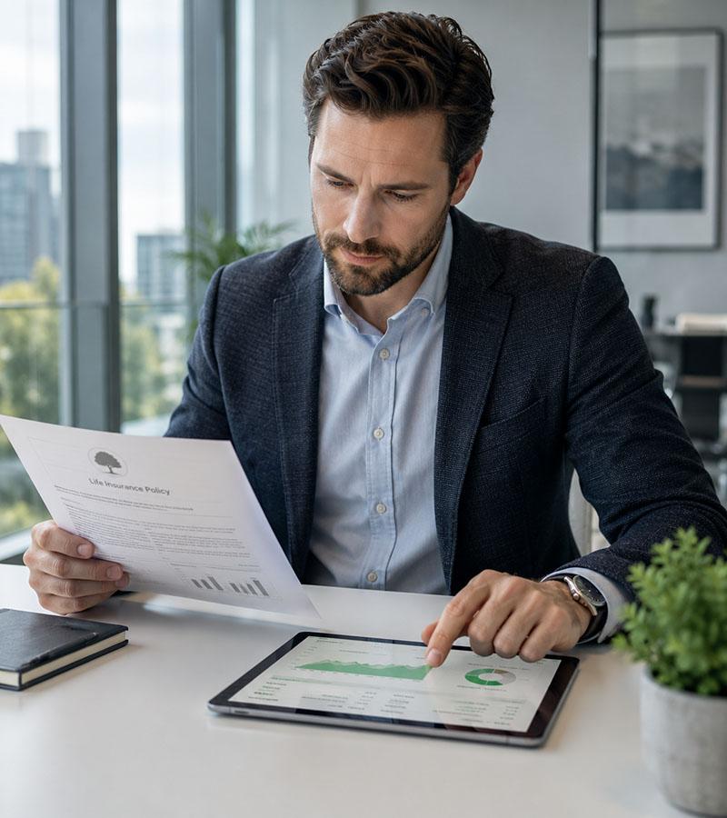 An investor reviewing a life insurance policy at their desk