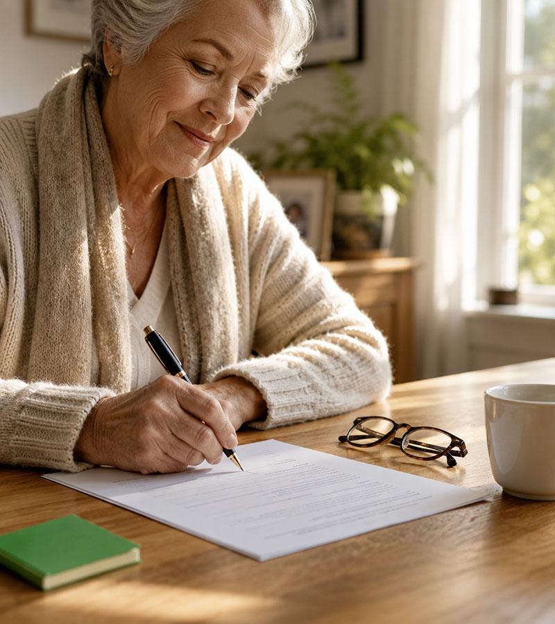 A senior policyholder signing the sale of her life insurance policy