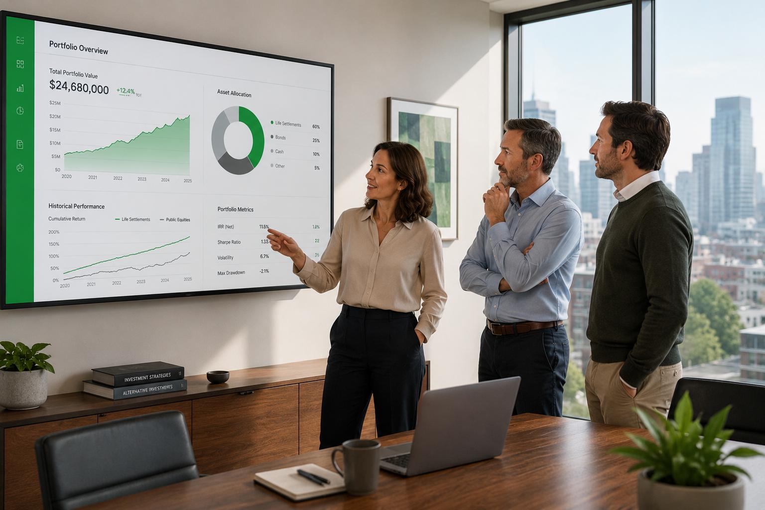 A bright modern conference room with three professionals reviewing portfolio analytics on a wall-mounted screen
