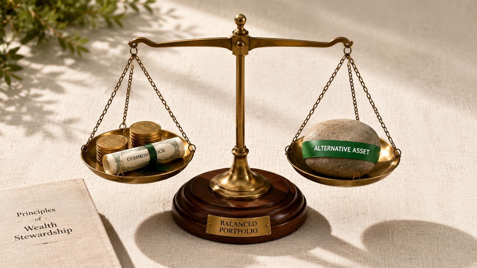 An abstract overhead view of a balanced portfolio represented by a wooden balance scale with stacks of coins