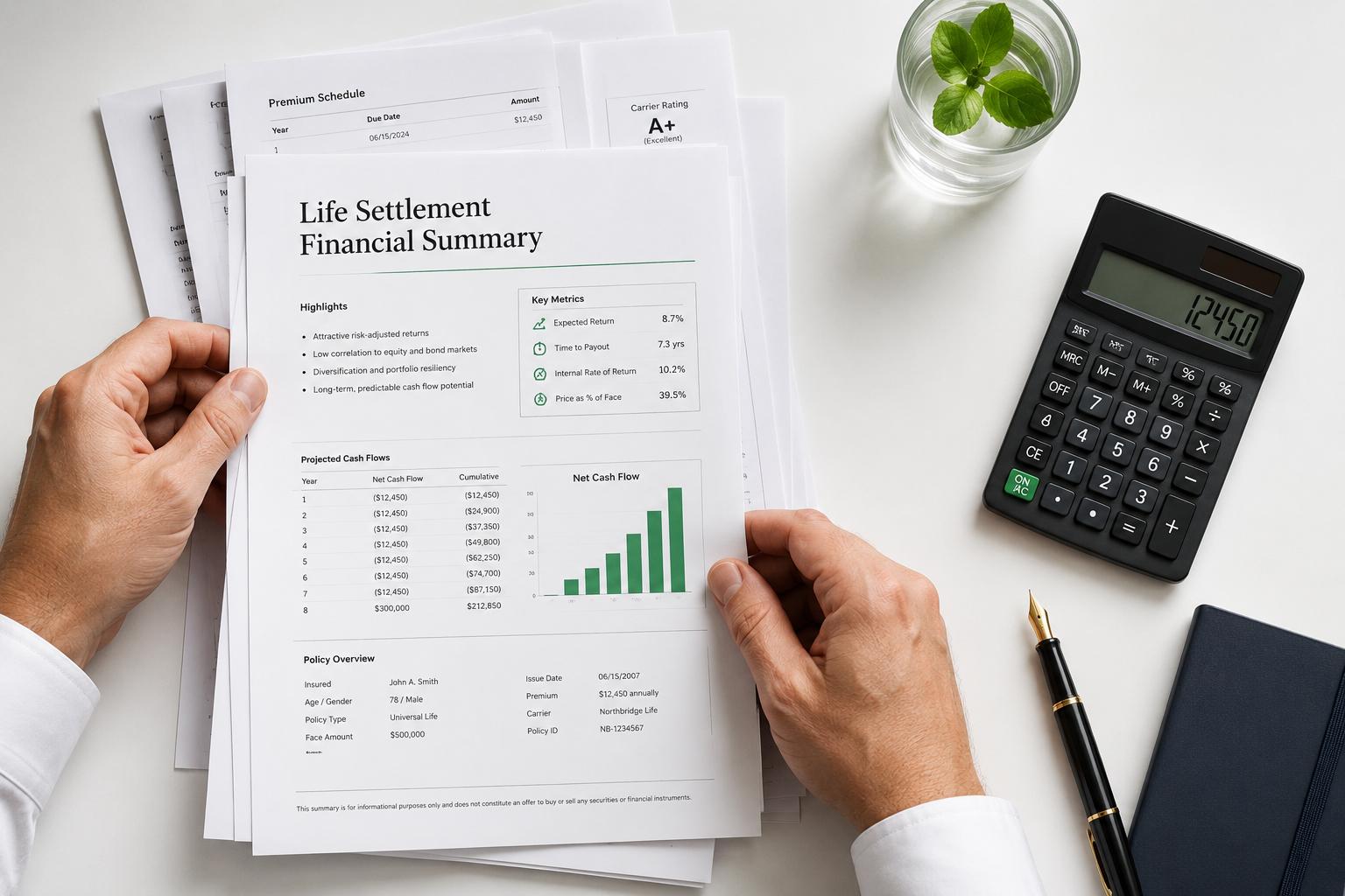 A close-up of hands organizing financial documents with a calculator and pen on a clean desk