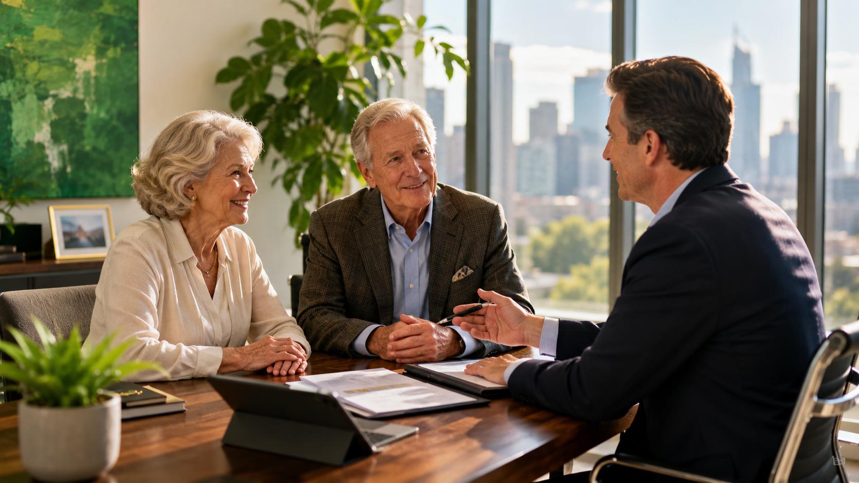 A retired couple meeting with a financial advisor in a sunlit office, reviewing documents together