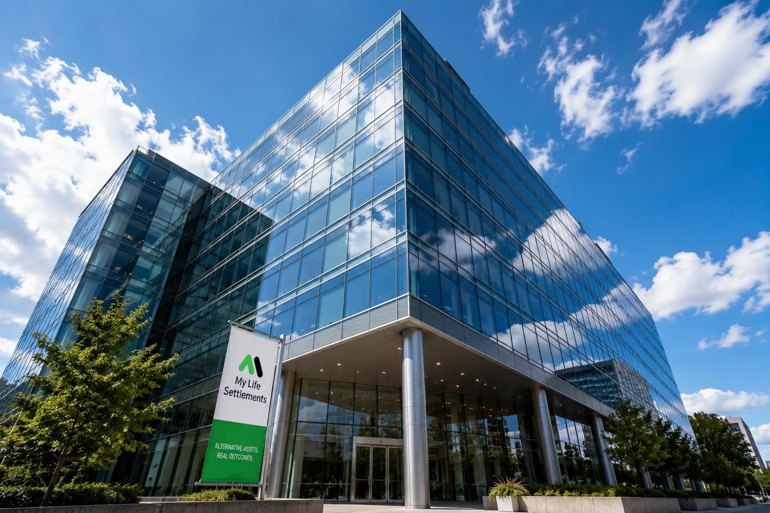 A modern glass-fronted financial services office building viewed from below against a bright sky