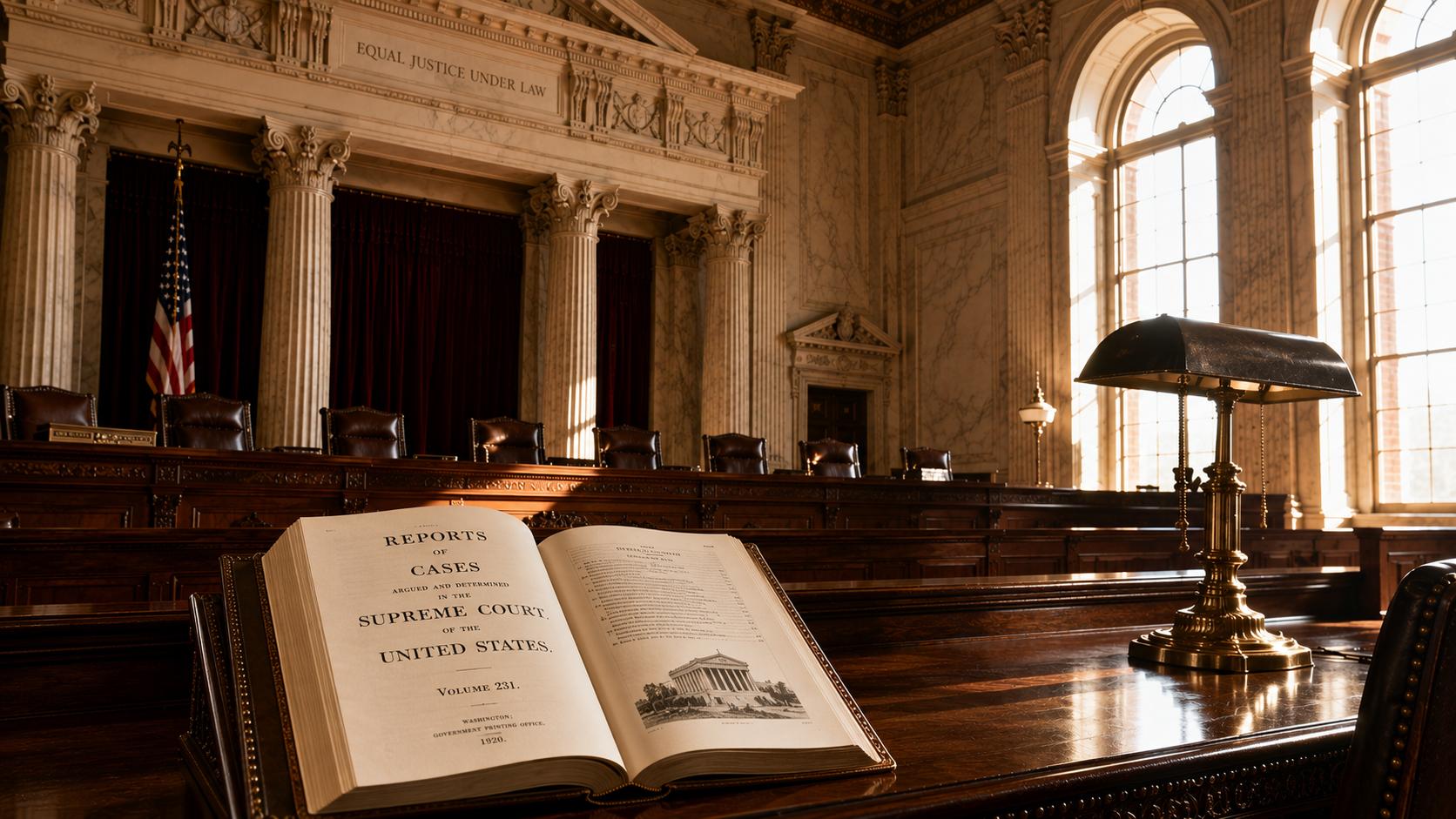 A vintage U.S. Supreme Court chamber with sunlight streaming through tall windows onto an ornate wooden bench